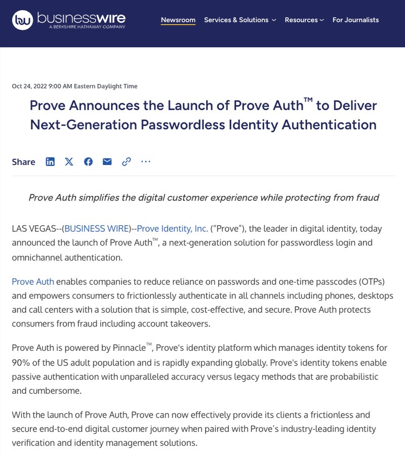 Prove Auth press release