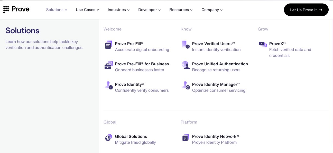 Prove solutions navigation menu